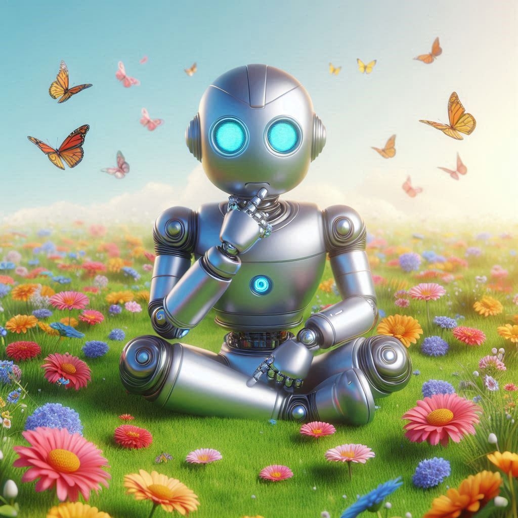 Ein cartoonhaftes Bild von einem Roboter, der nachdenkend in einem Feld sitzt. Um ihn herum fliegen Schmetterlinge. Erstellt mit Bing Copilot auf Basis von Dall-E 3.