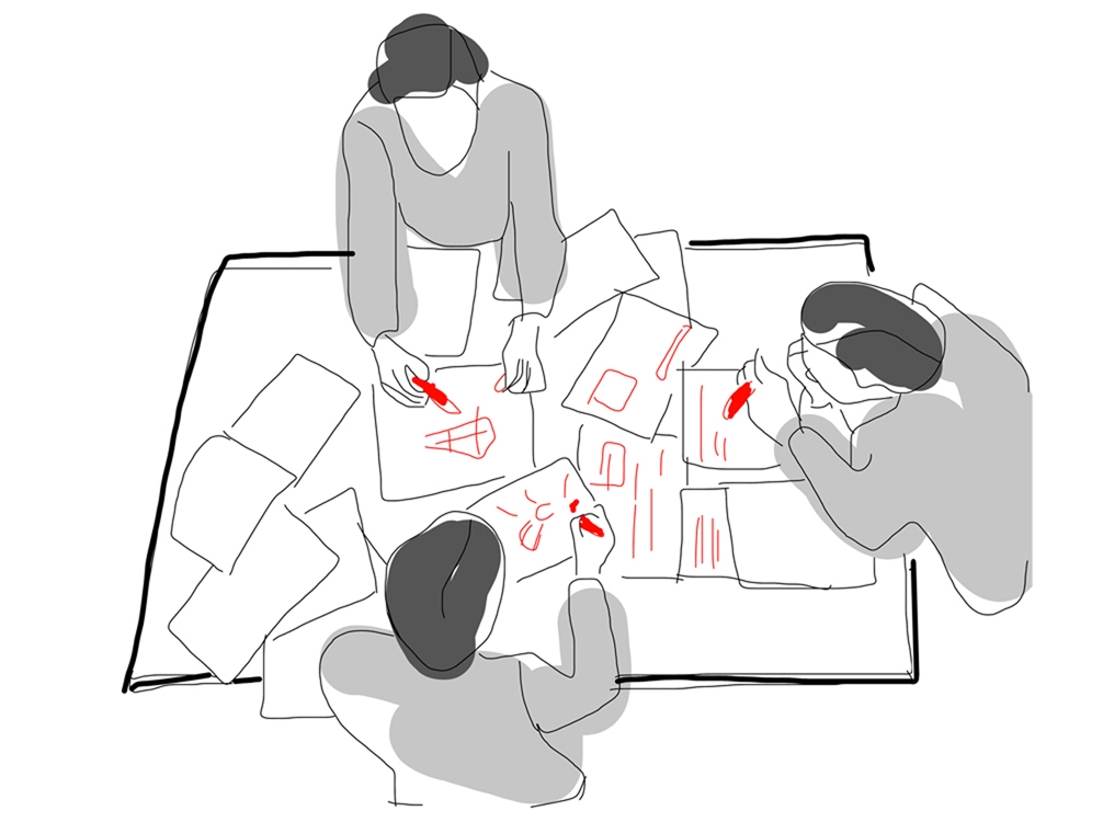 Drawing of a table from above with three people sitting and drawing collaboratively