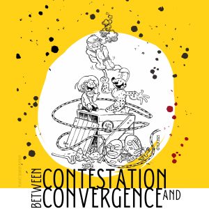 Poster of the workshop "Contestation or Convergence" with a drawing of the Marsupilami amidst (colonial) historical symbols
