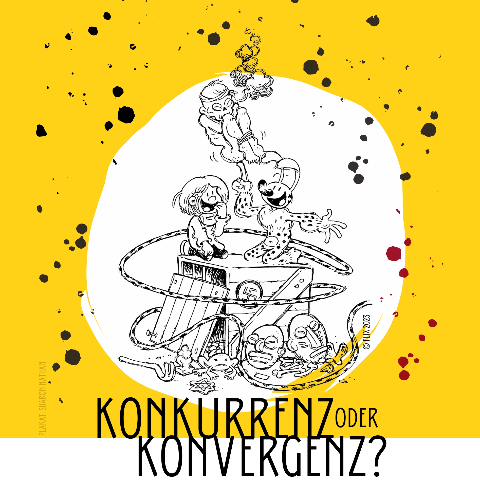 Plakat des Workshops "Konkurrenz oder Konvergenz" mit einer Zeichnung des Marsupilamis inmitten (kolonial)historischer Symbole